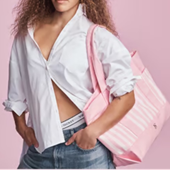 NWT Victoria’s Secret Iconic Pink Canvas Cotton Striped Tote ShoulderTravel Bag - Picture 3 of 10